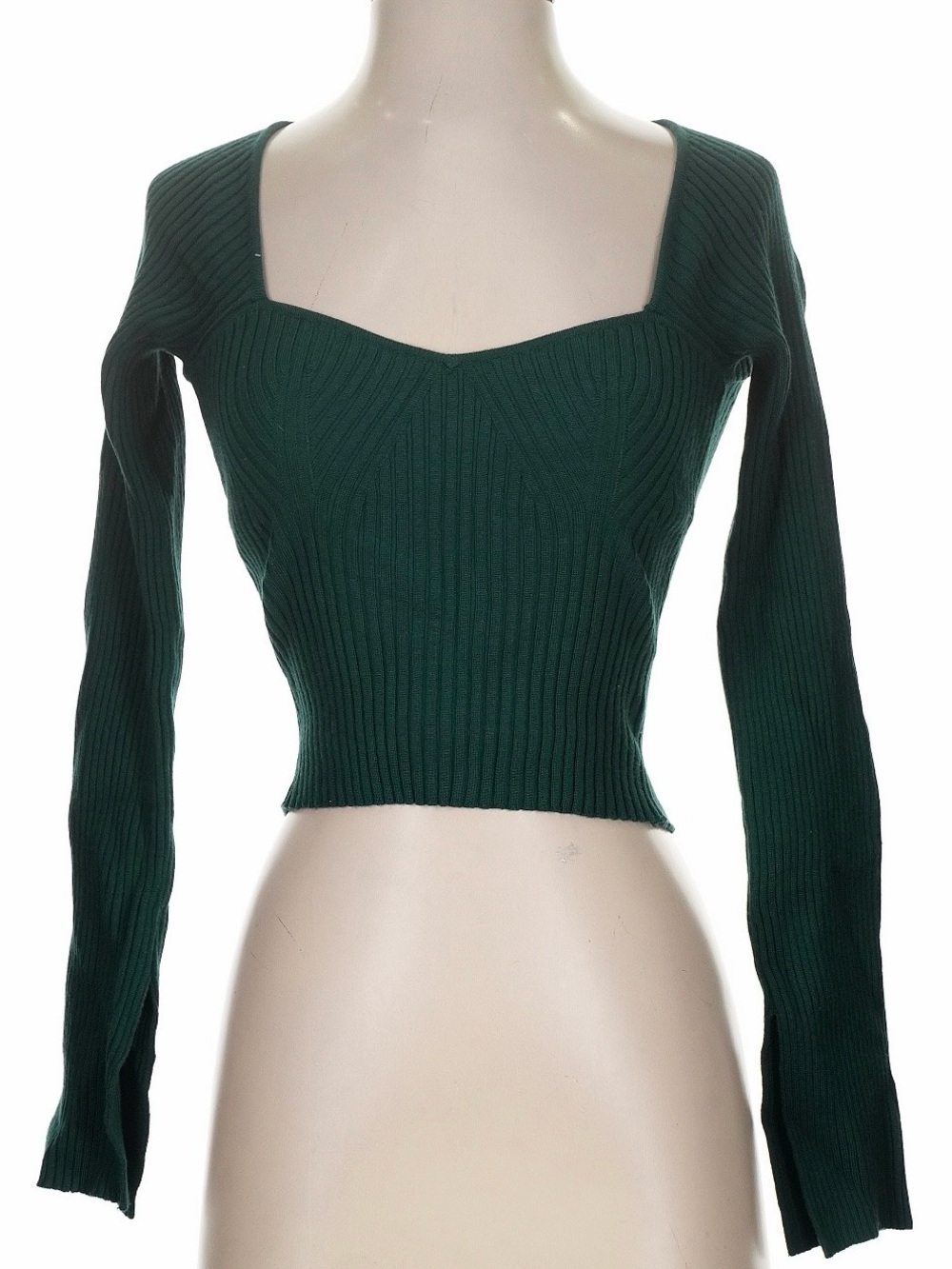 Long Sleeve Sweetheart Neck Ribbed Crop Top - Dark Green